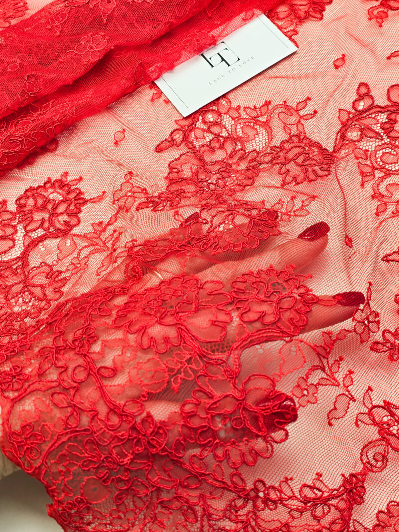 Delicate red bridal lace fabric