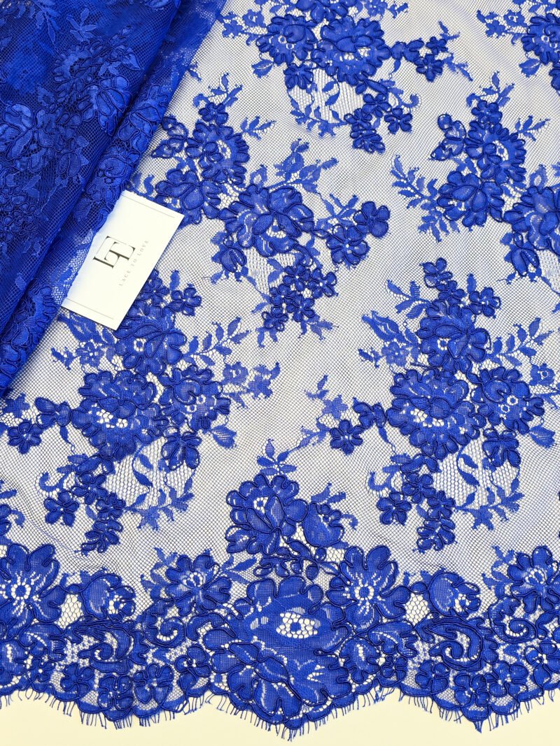 Blue Chantilly lace fabric with cord