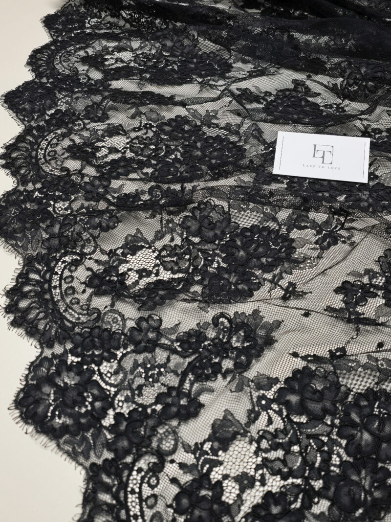 Black Chantilly lace fabric with cord