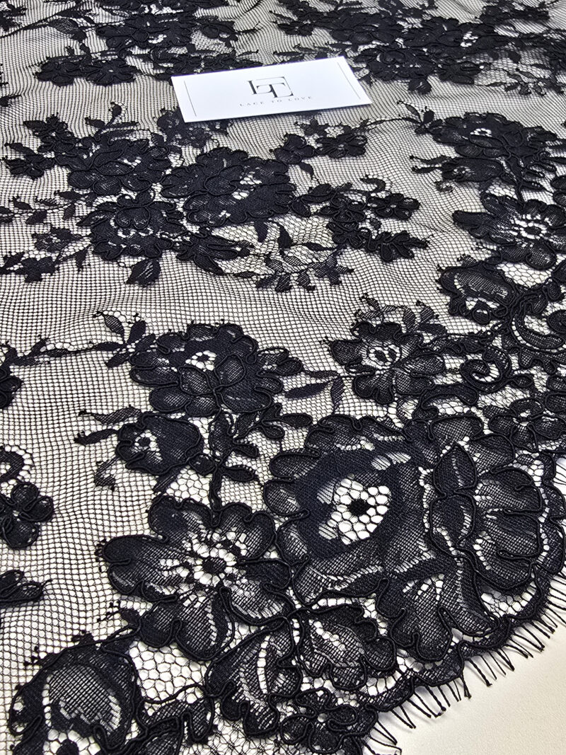 Black Chantilly lace fabric with cord