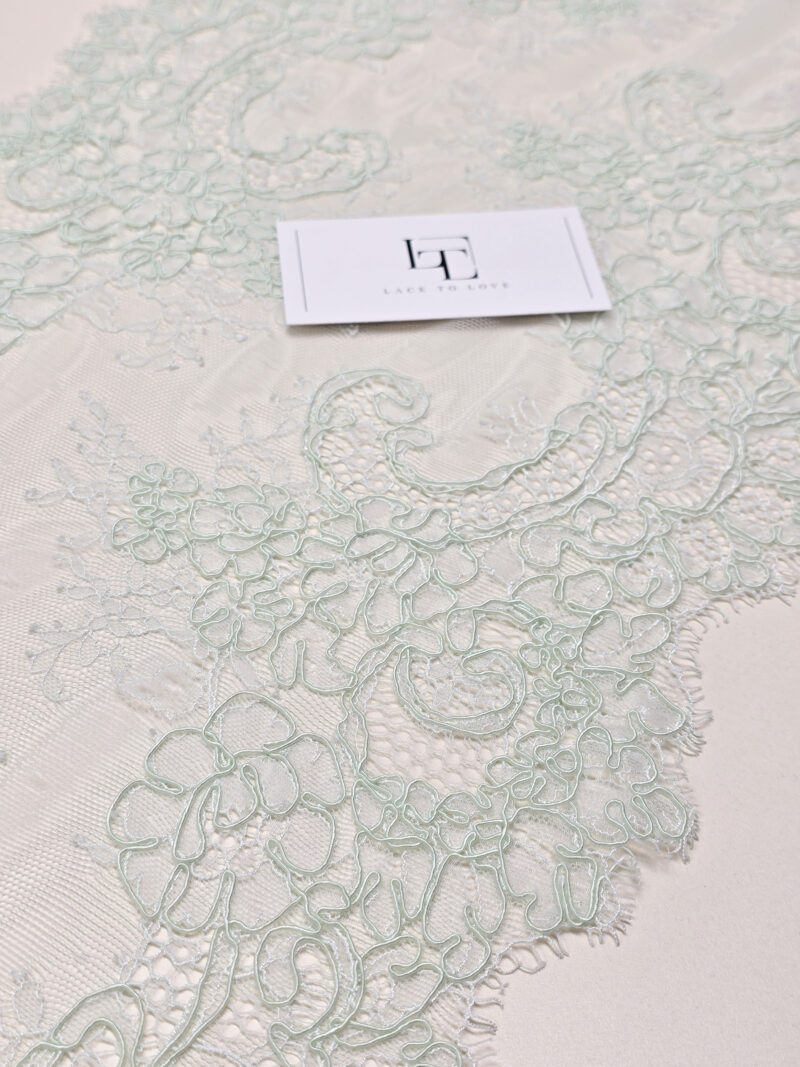 Mint green French Chantilly bridal lace trim buy online by the meter