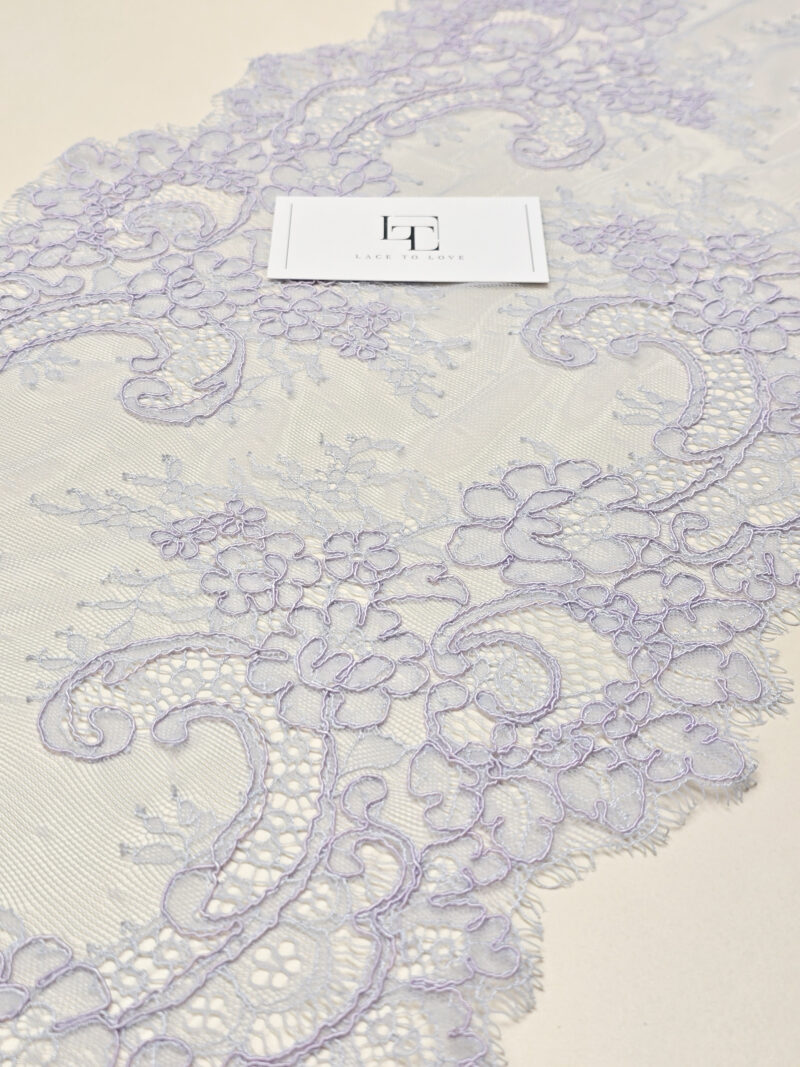 Light purple French Chantilly lace trimming buy online by the meter