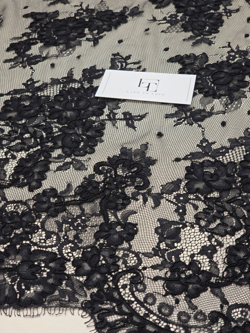 Black eyelash lace fabric scalloped borders