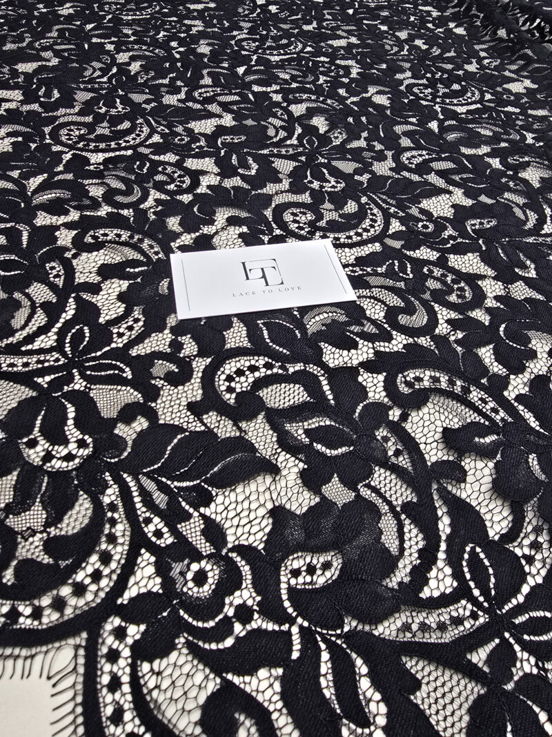 Black eyelash lace fabric scalloped borders