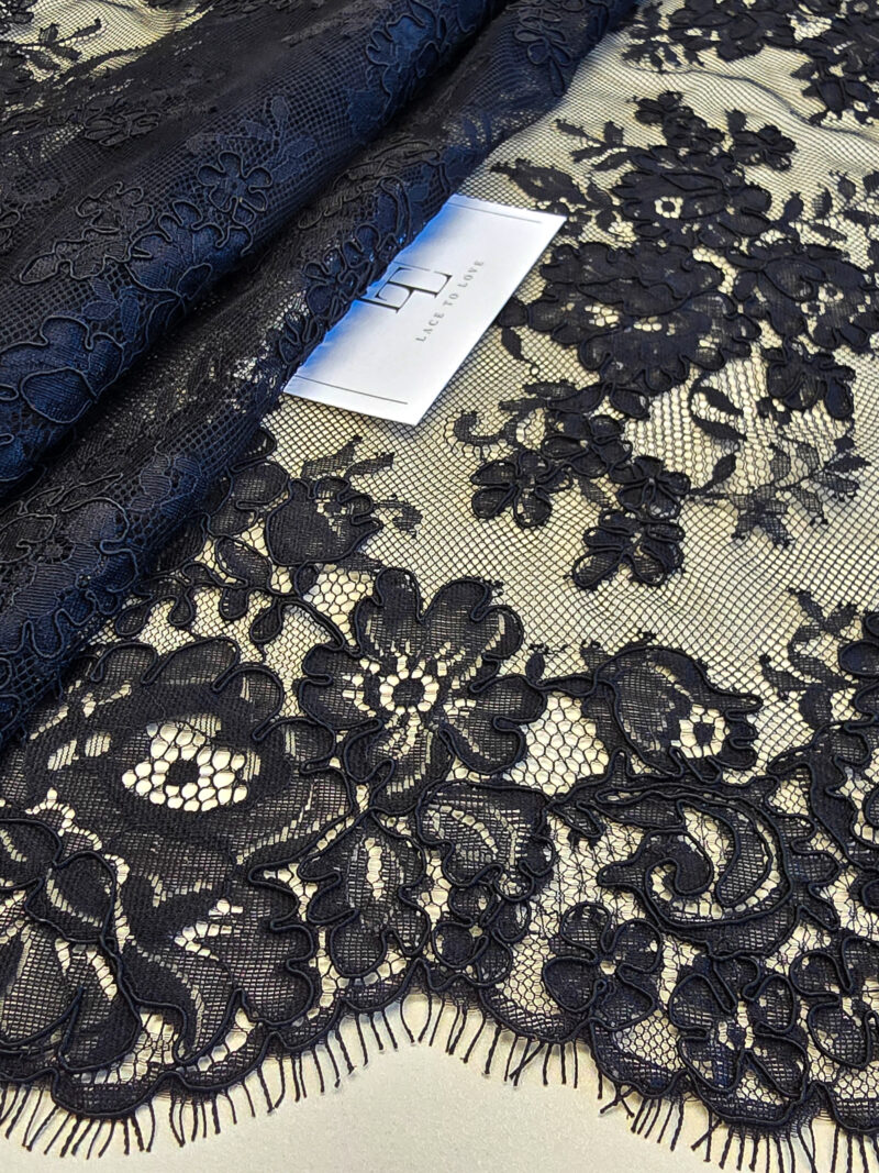 Black eyelash lace fabric scalloped borders