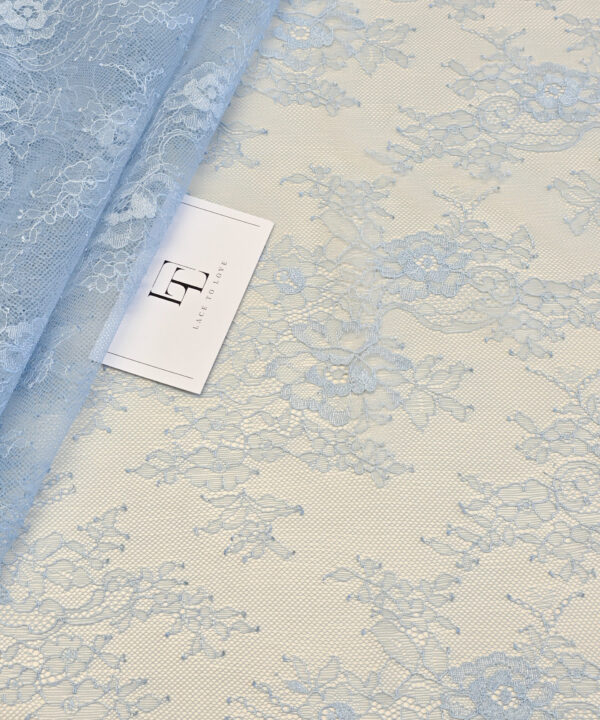 Light blue French Chantilly lace fabric buy online by the meter