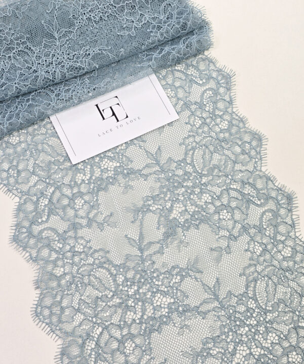 Grey green French Chantilly lace trimming buy online by the meter