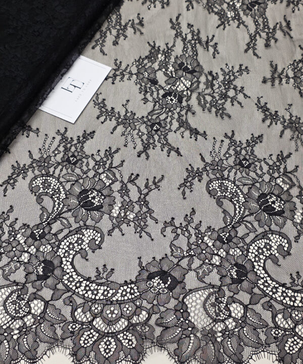Black Chantilly lace fabric with cord
