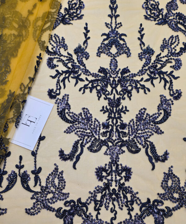 Blue on yellow beaded lace fabric buy online by the meter