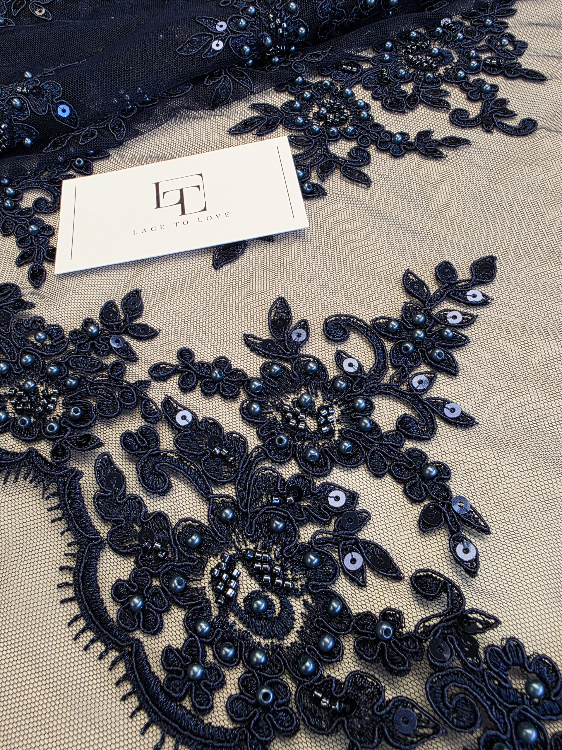 Navy blue beaded lace fabric Lace To Love