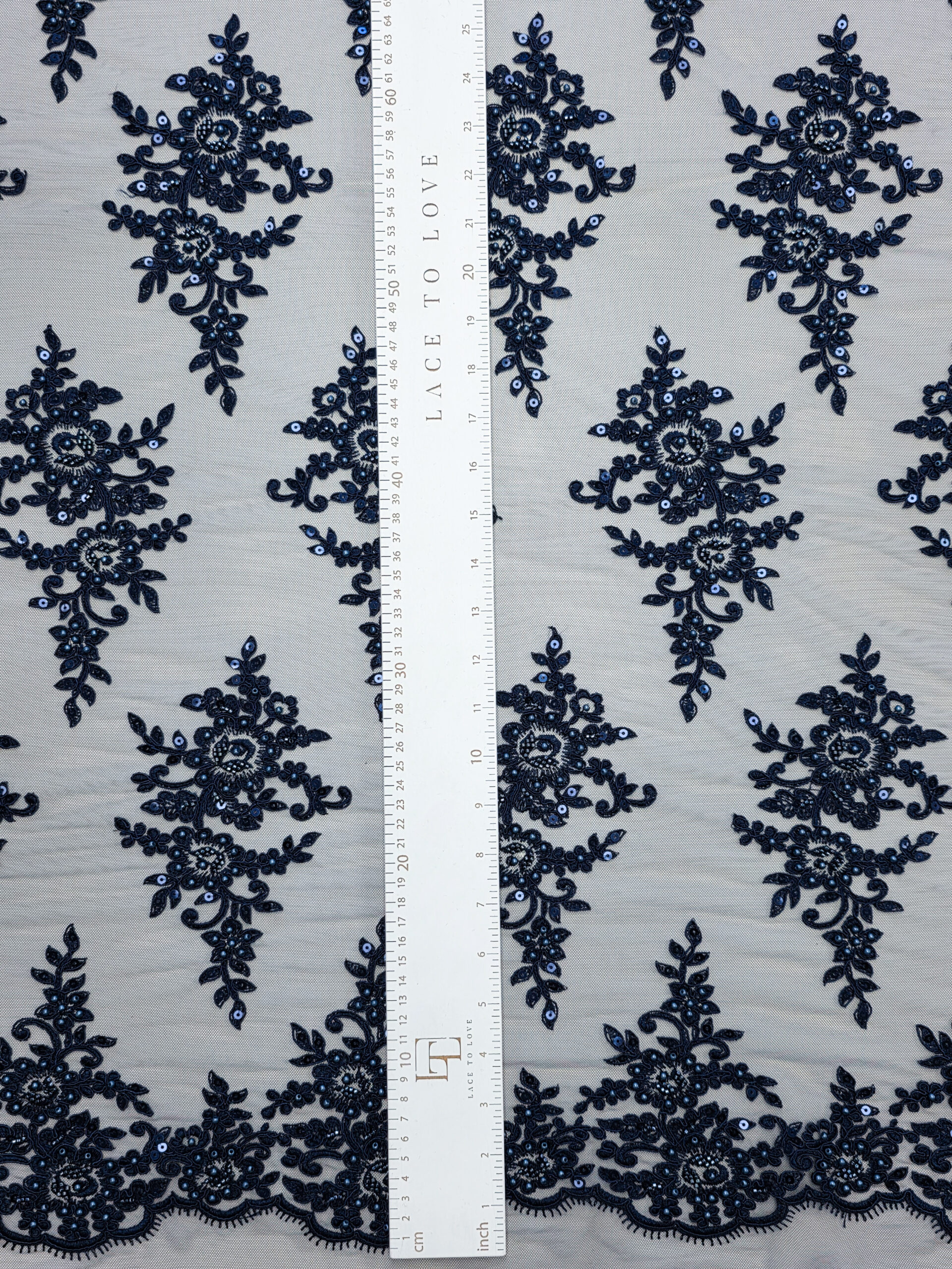 Navy blue beaded lace fabric Lace To Love