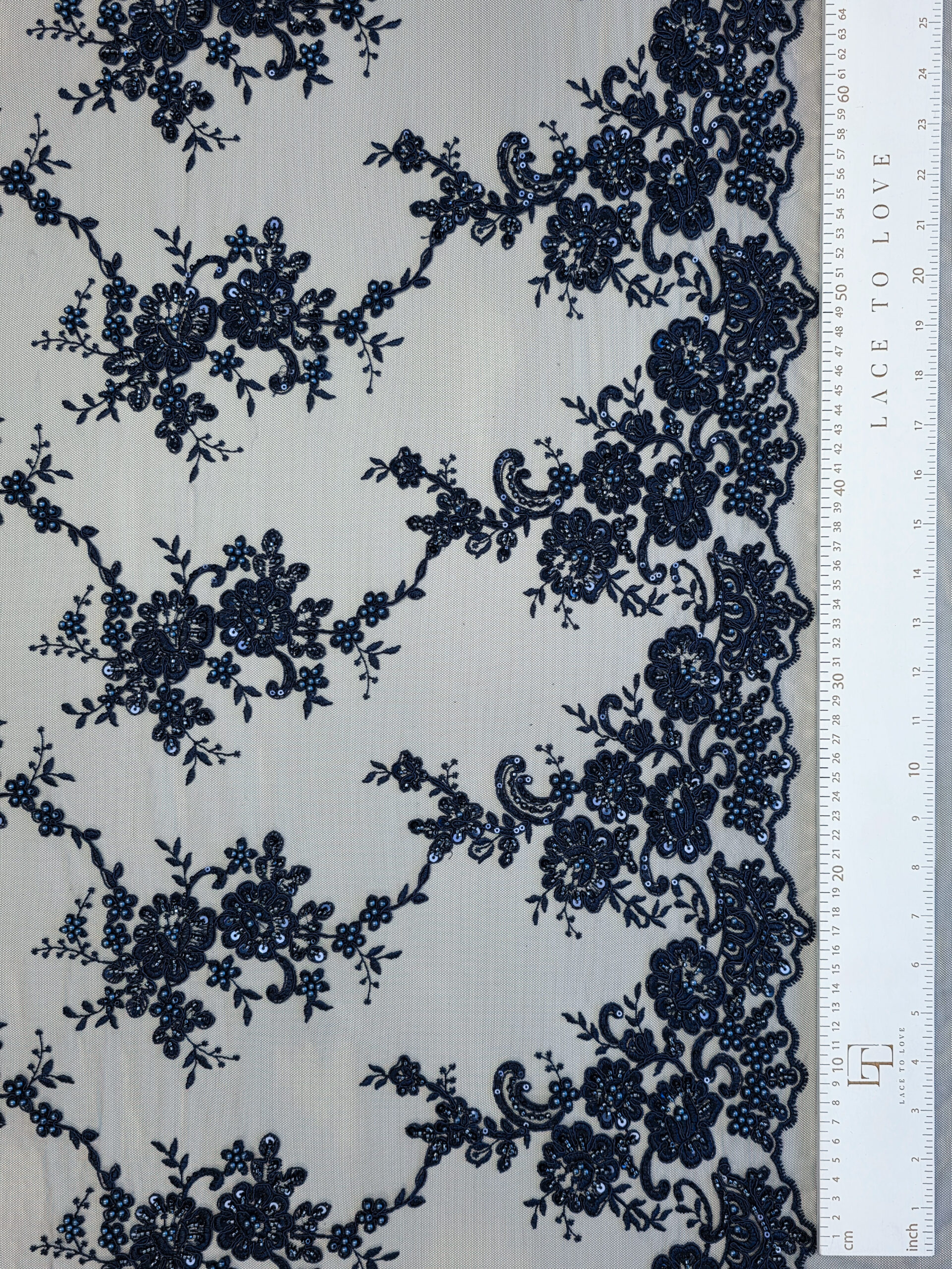 Navy blue beaded lace fabric Lace To Love