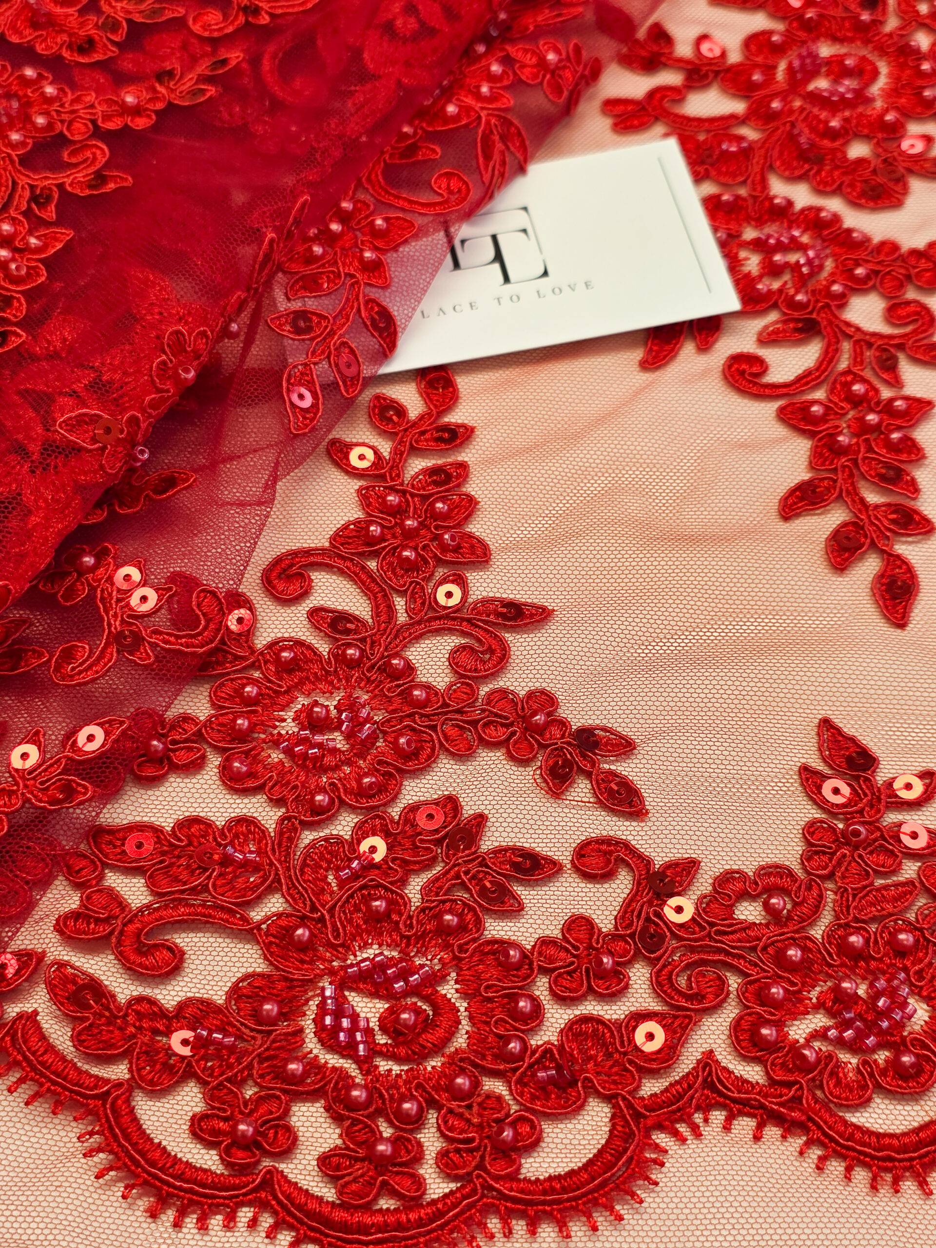 Red beaded lace fabric Lace To Love