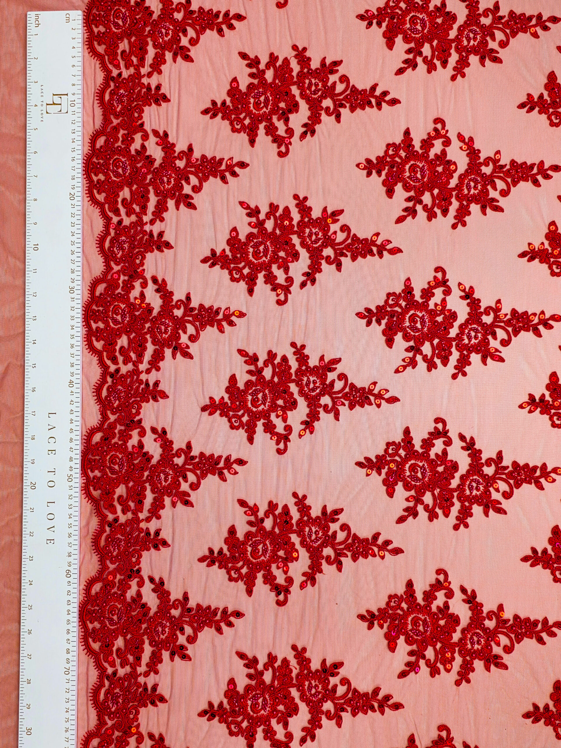 Red beaded lace fabric Lace To Love
