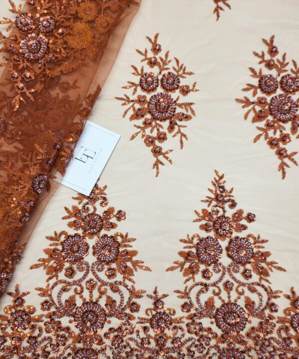 Brick red brown embroidered lace fabric sold by the meter online shop