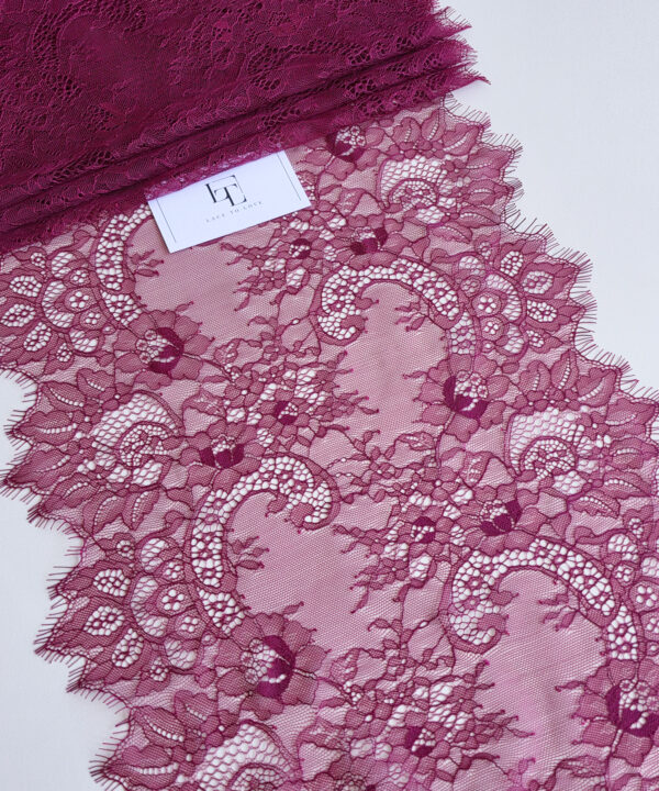 Wine red French Chantilly lace trimming buy online by the meter