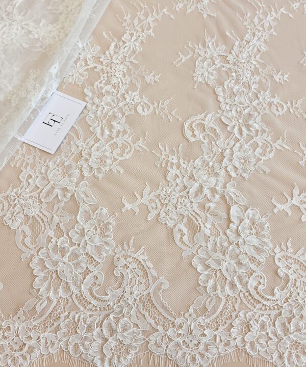 Light ivory French Chantilly bridal lace fabric buy online by the meter