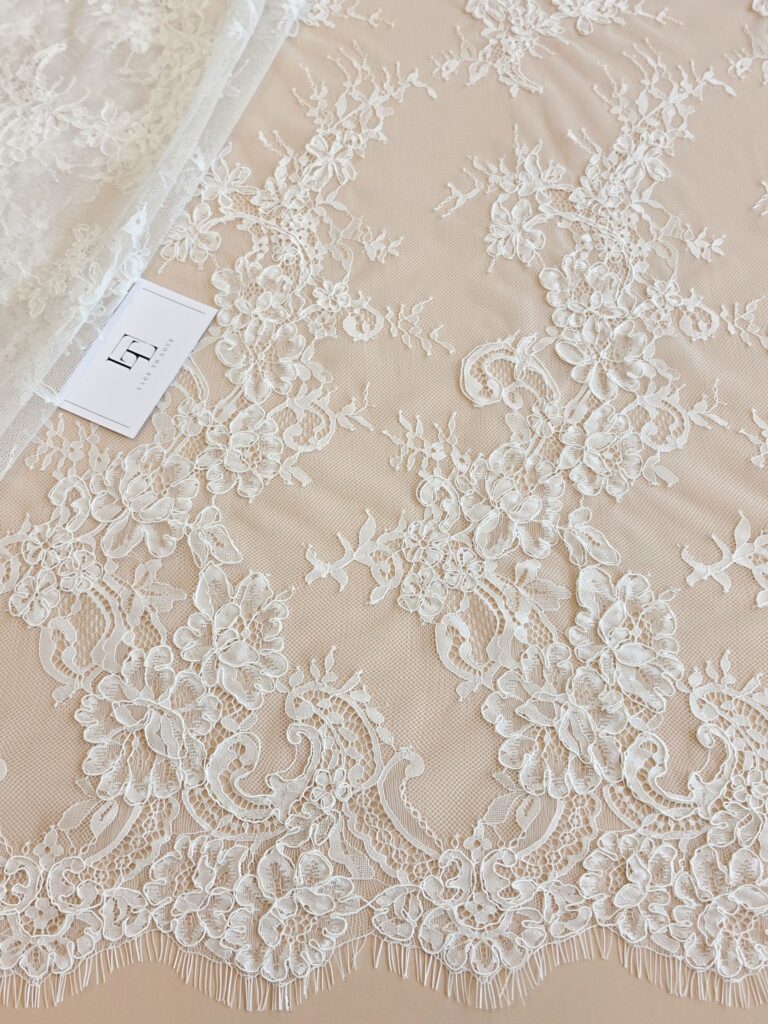 Light ivory French Chantilly bridal lace fabric buy online by the meter