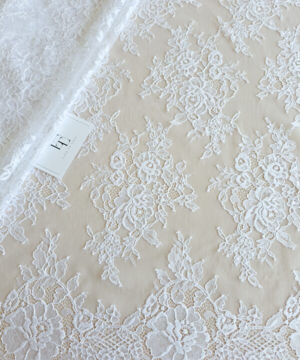 Pure white French Chantilly lace fabric buy online by the meter