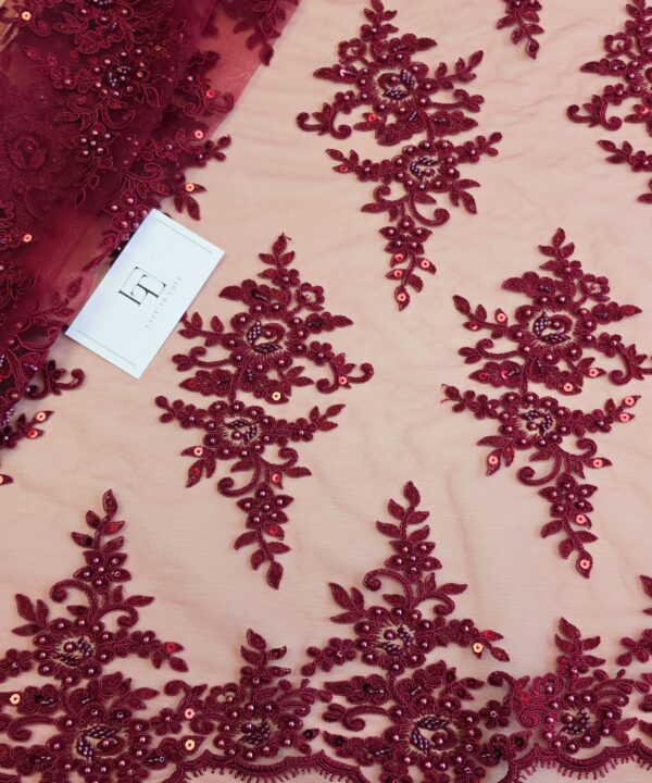Heavy wine red embroidery lace fabric