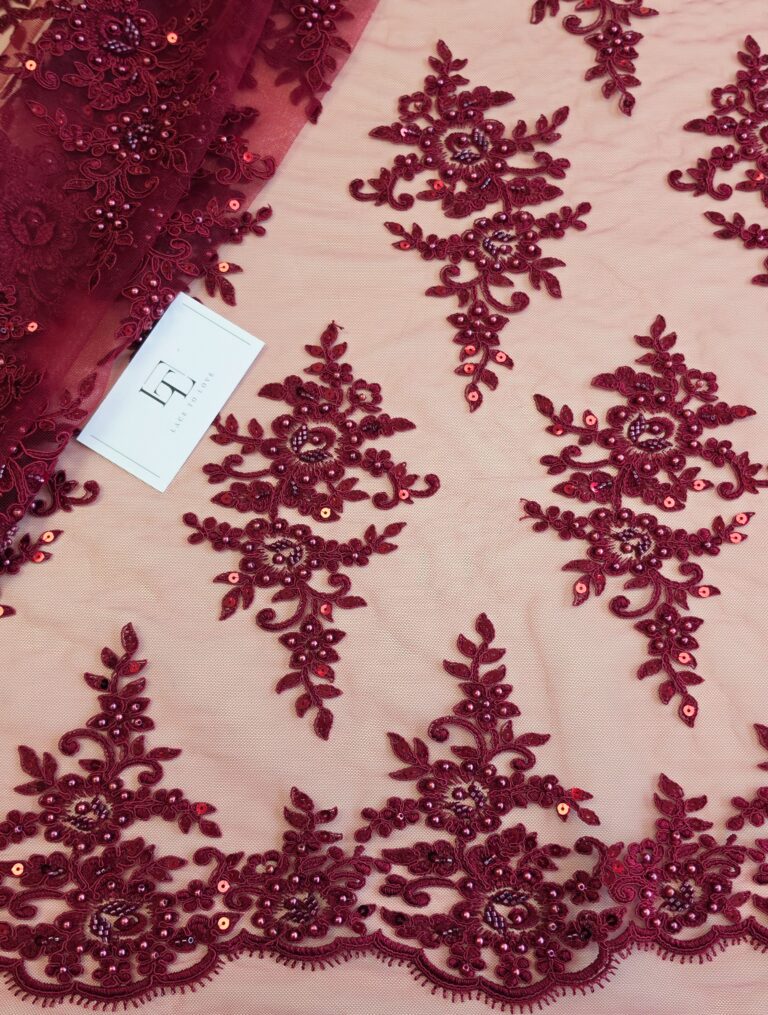 Heavy wine red embroidery lace fabric