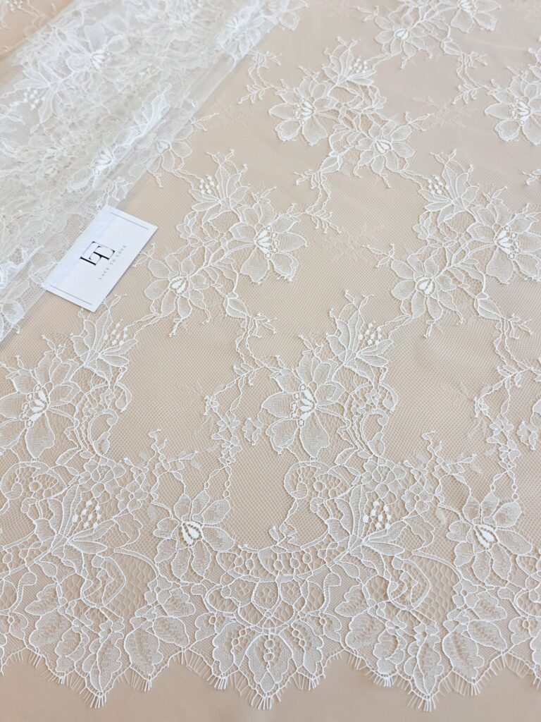 Light ivory French Chantilly bridal lace fabric buy online by the meter