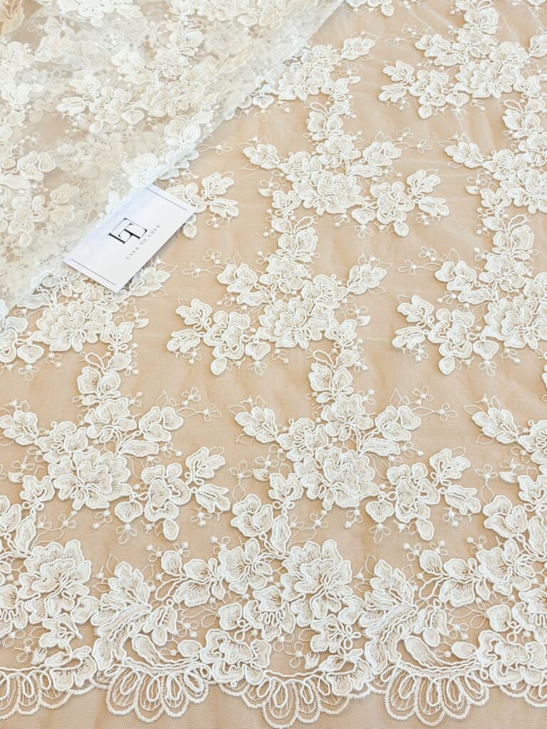 Light ivory French Chantilly lace fabric buy online by the meter