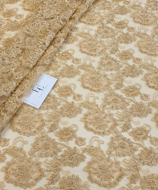 Gold French embroidered lace fabric buy online by the meter