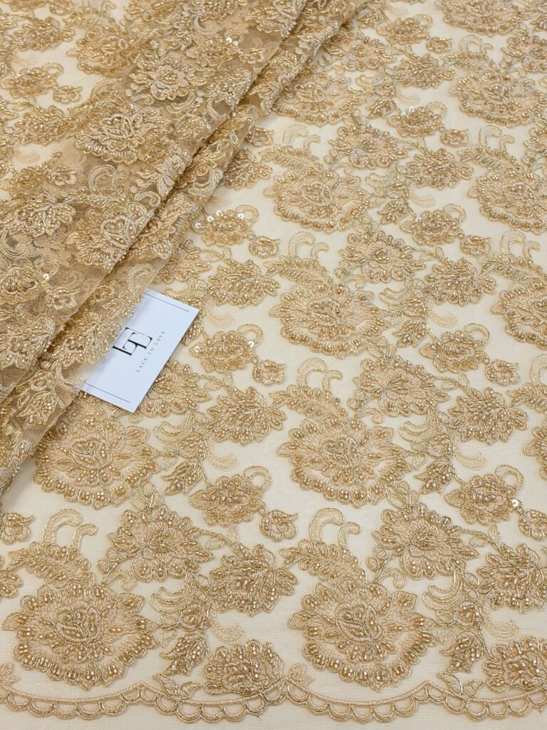 Gold French embroidered lace fabric buy online by the meter