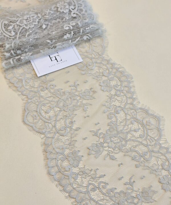 Gray Chantilly lace trimming