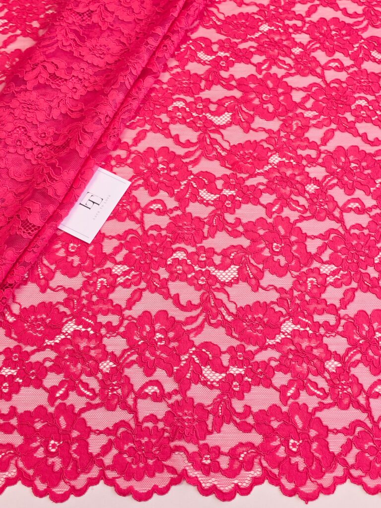 Salmon pink Spanish Alencon eyelash lace fabric buy online by the meter