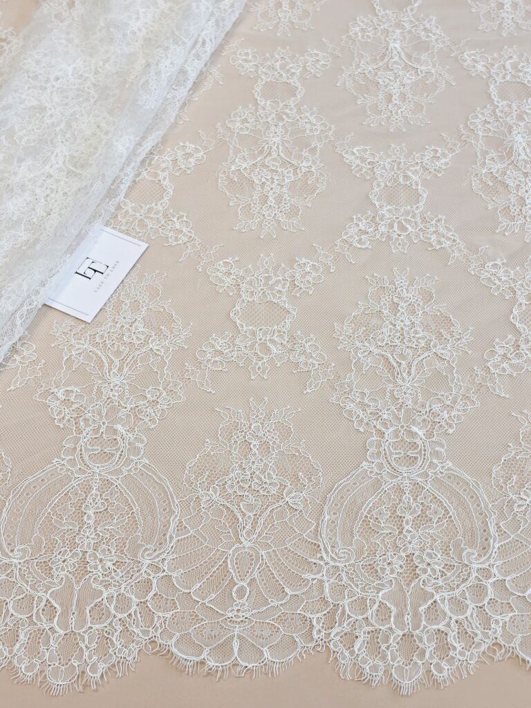 Light ivory French Chantilly bridal lace fabric buy online by the meter