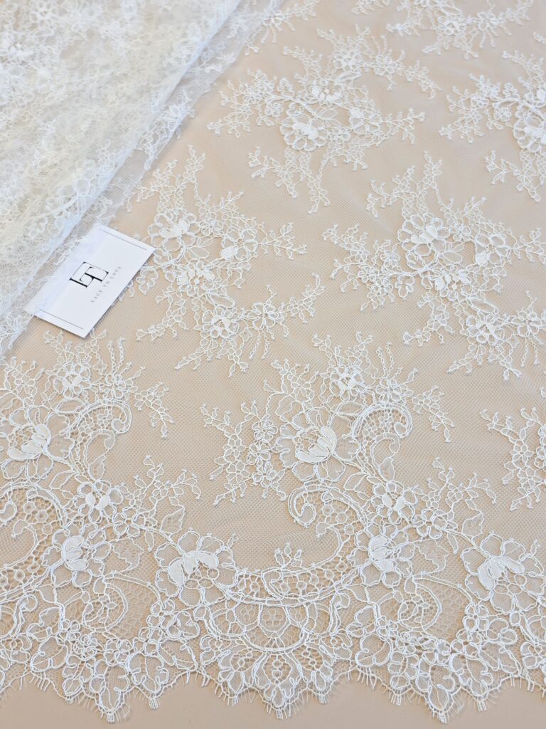 Light ivory French Chantilly bridal lace fabric buy online by the meter